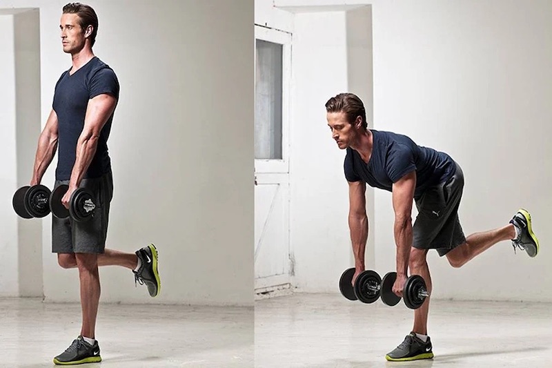 Single Leg Deadlift sử dụng dụng cụ tập là 2 tạ đơn