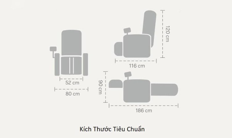 Kích thước tiêu chuẩn ghế massage thay đổi tùy theo hãng sản xuất, model