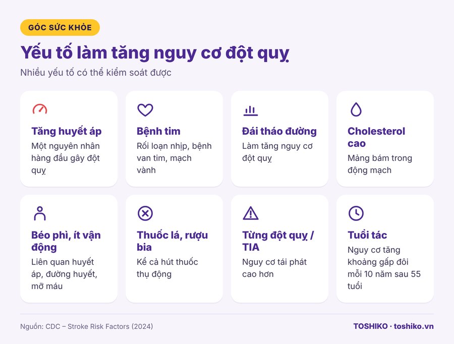 Các yếu tố nguy cơ đột quỵ: tăng huyết áp, bệnh tim, đái tháo đường