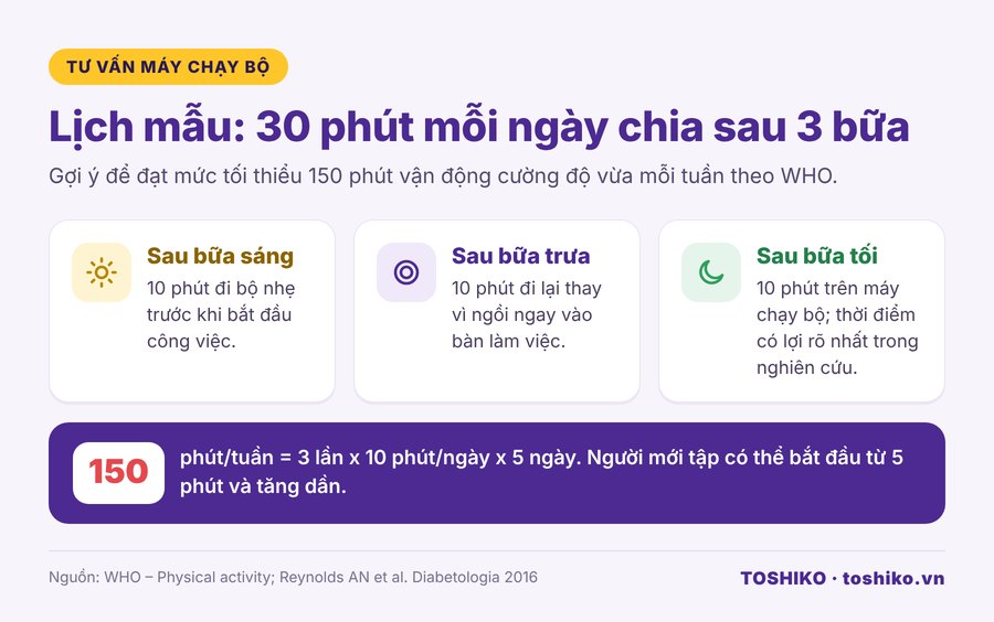 Lịch đi bộ sau ăn 30 phút mỗi ngày chia sau 3 bữa đạt 150 phút mỗi tuần