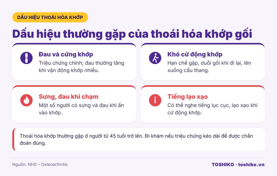 Dấu hiệu thoái hóa khớp gối: đau, cứng khớp, sưng, tiếng lạo xạo