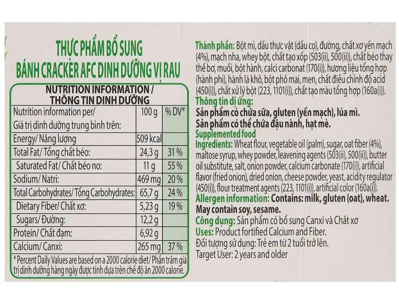 Bánh AFC vị rau củ tiếp tục chứa chấp khoảng tầm 24.3g hóa học béo 