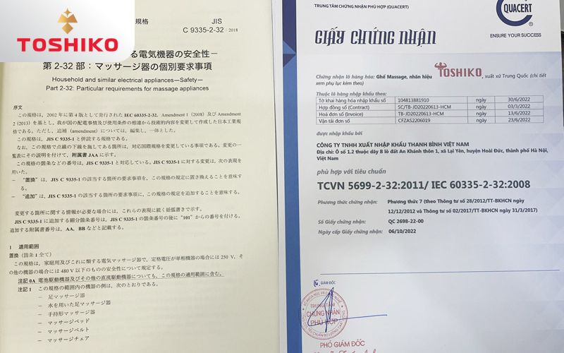 Toshiko đạt chất lượng theo tiêu chuẩn TCVN 5699-2-32:2011 / IEC 60335-2-32:2008 do Tổng cục Tiêu chuẩn đo lường chất lượng cấp.